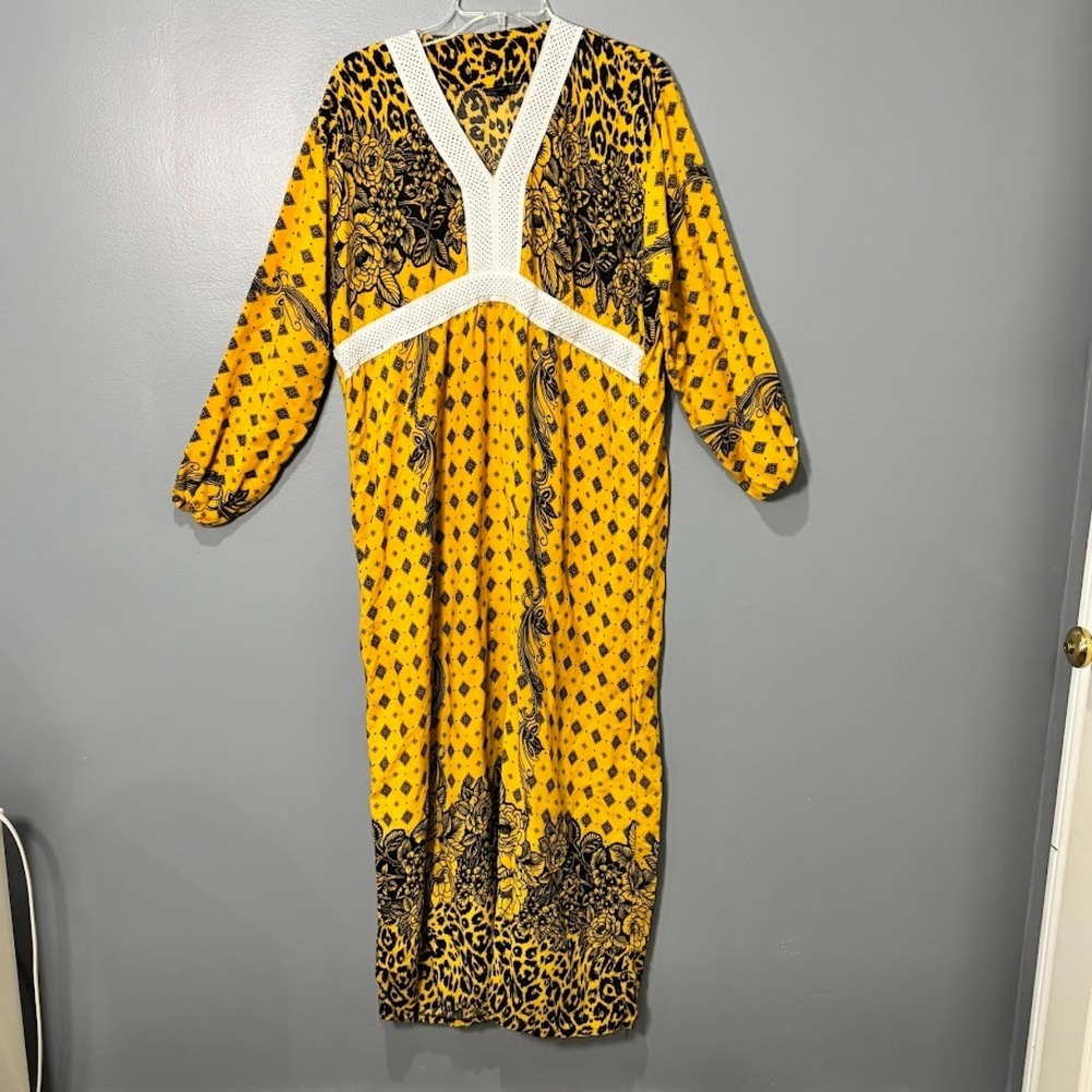 Guy Laroche Maxi Dress Womens Yellow Leopard Floral Boho Luxury Gown V-Neck Chic